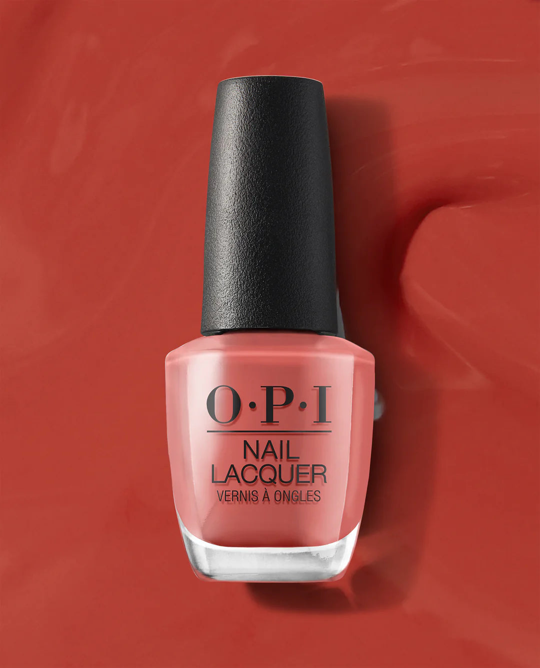OPI my solar clock is ticking nail polish bottle with black cap on a red background