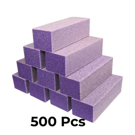 Bulk case of 500 purple 3-way nail buffers stacked for professional salon inventory.
