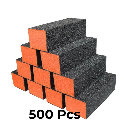 Bulk case of 500 orange and black 3-way nail buffers stacked for professional salon inventory.
