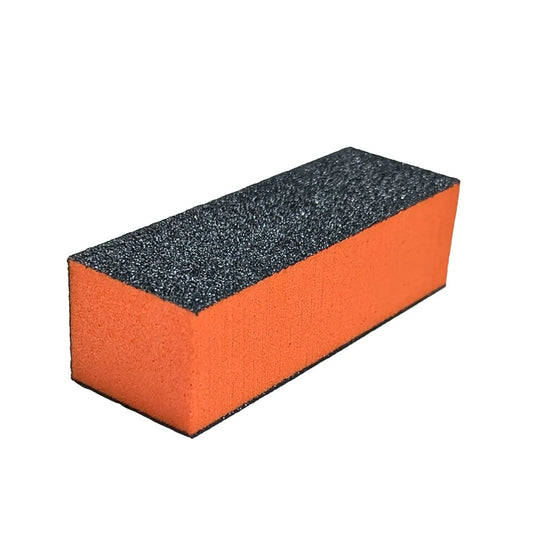 Professional orange and black 3-way nail buffer block with 100/100 grit specifications on white background.

