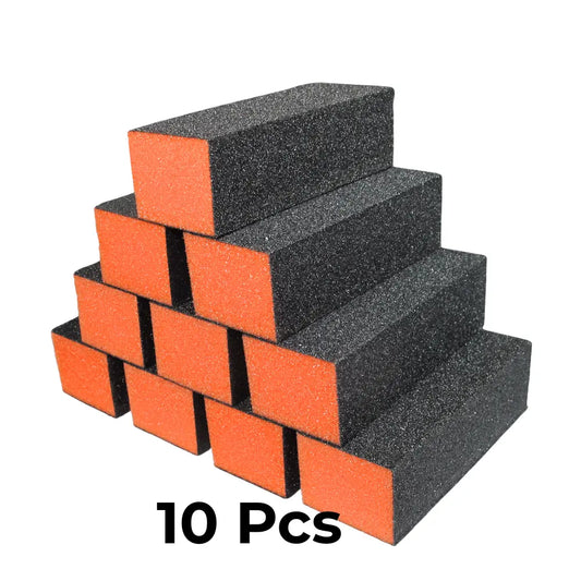 Professional orange and black 3-way nail buffer block with 100/100 grit specifications on white background.