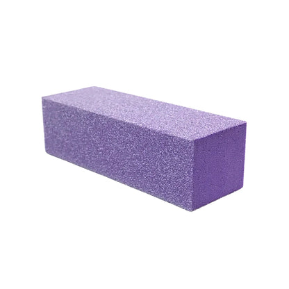 Professional purple 3-way nail buffer block with 100/100 grit specifications on white background.
