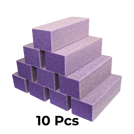 Close-up view of 3-way nail buffer surfaces showing dual 100/100 grit block areas for buffing.
