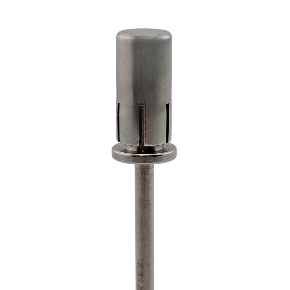 Nail drill mandrel bit shown with sanding band installed