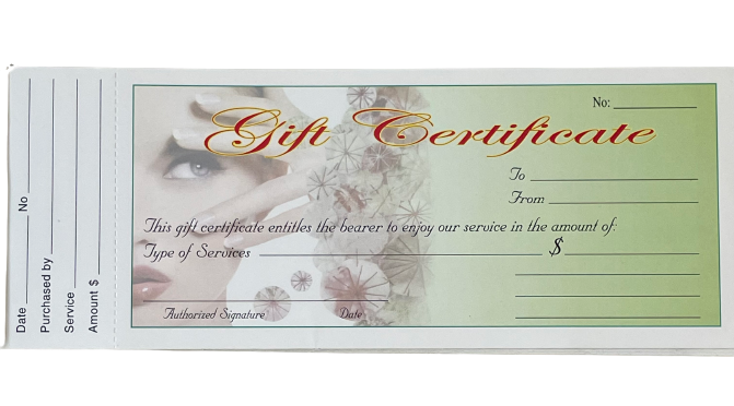 Professional nail salon gift vouchers available in Green Blue and White designs for beauty businesses – CM Nails Supply Mississauga