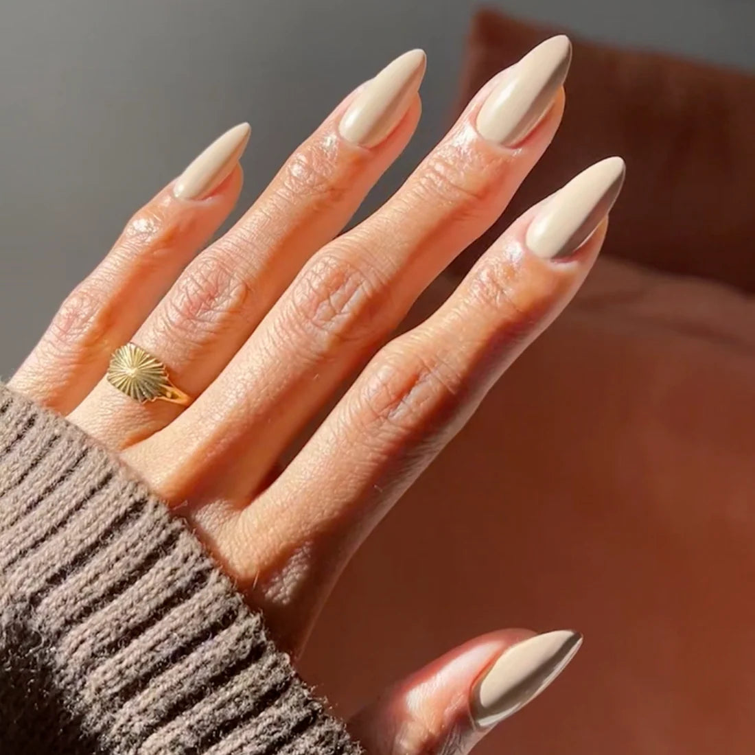 Nude mocha beige taupe gel polish swatch on nails, DIVA Duo #266