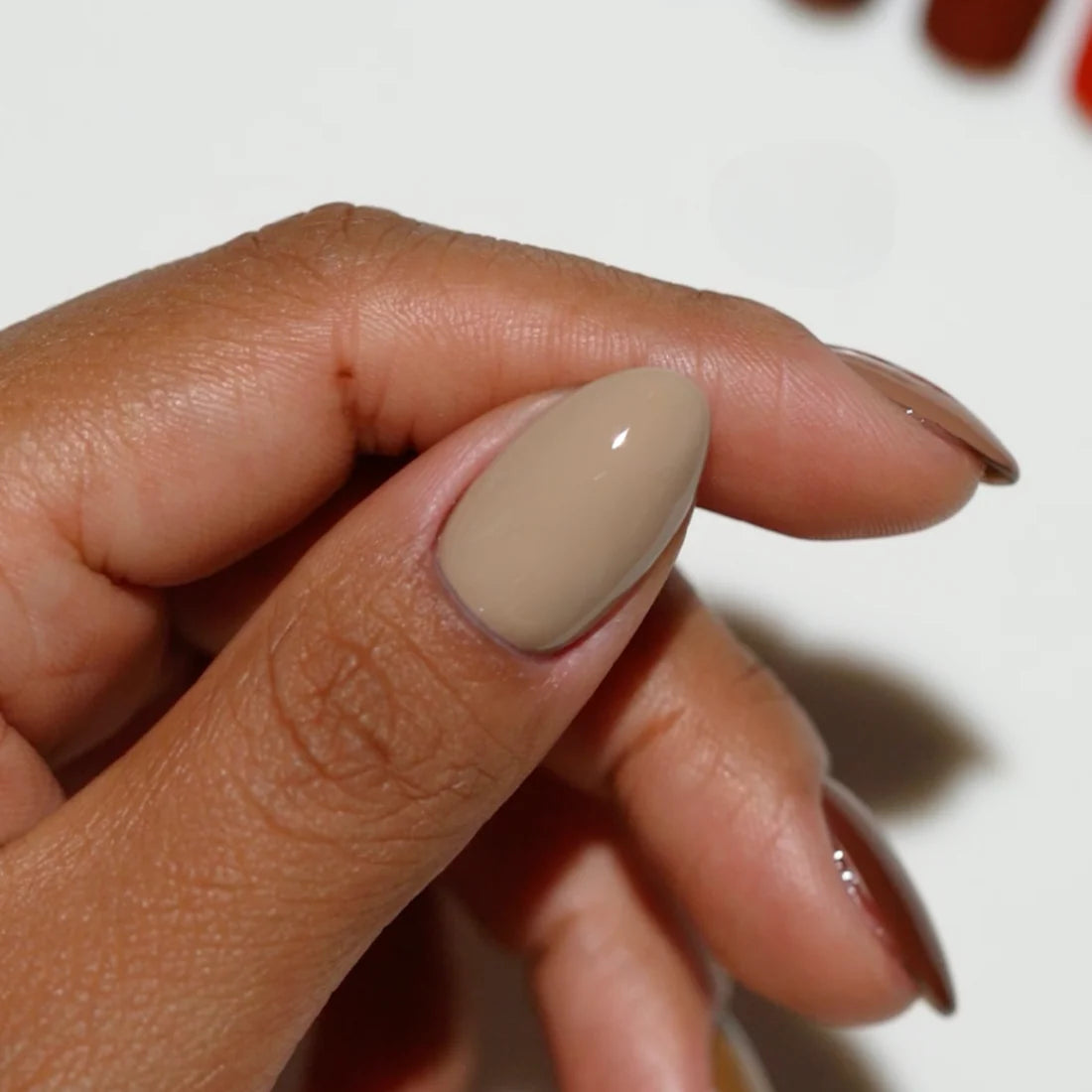 Nude mocha beige taupe gel polish swatch on nails, DIVA Duo #266