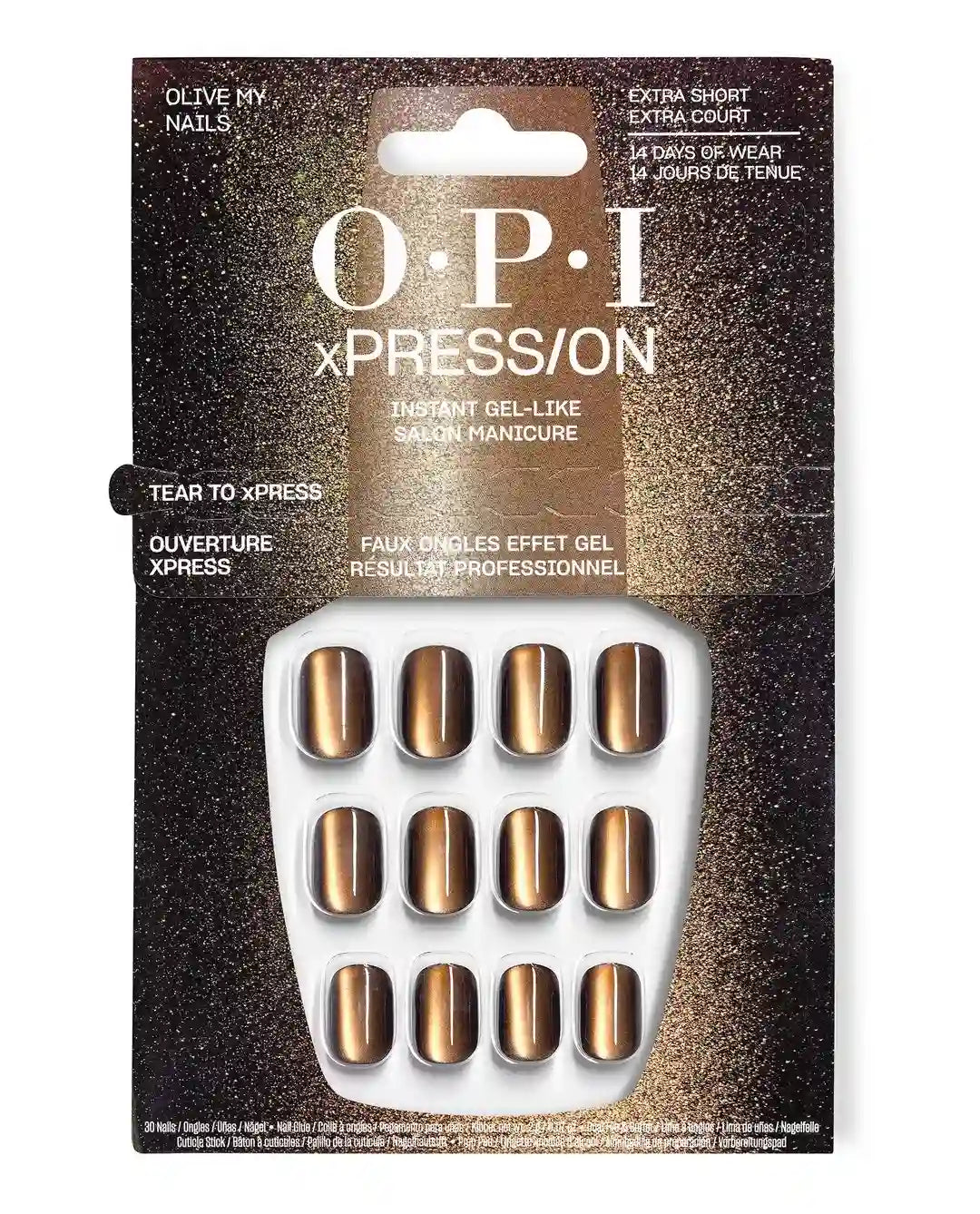 OPI Olive My Nails extra short square green chrome press-on nail package