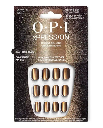 OPI Olive My Nails extra short square green chrome press-on nail package