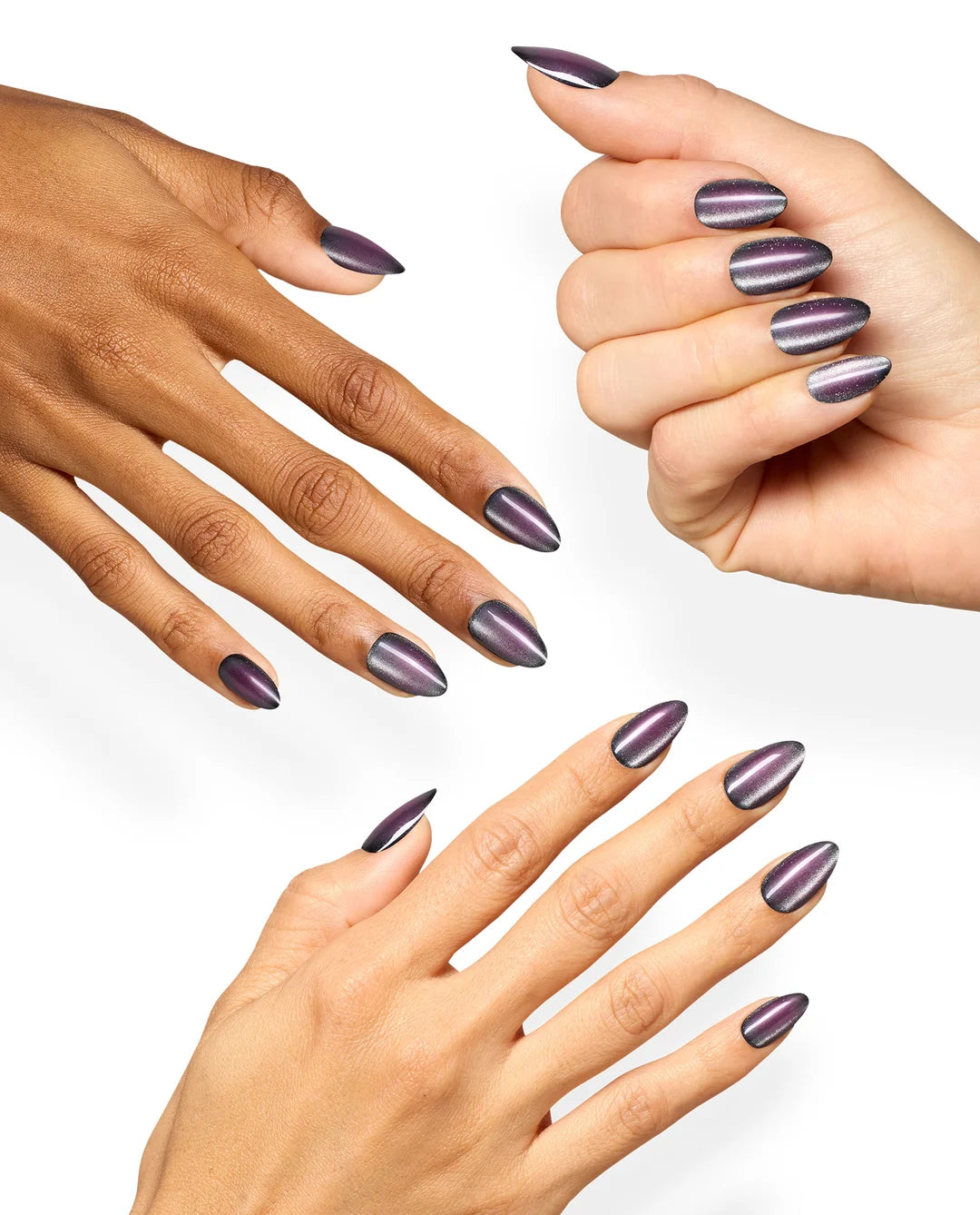 OPI Aura After Dark medium almond press on nails manicure with purple aura design