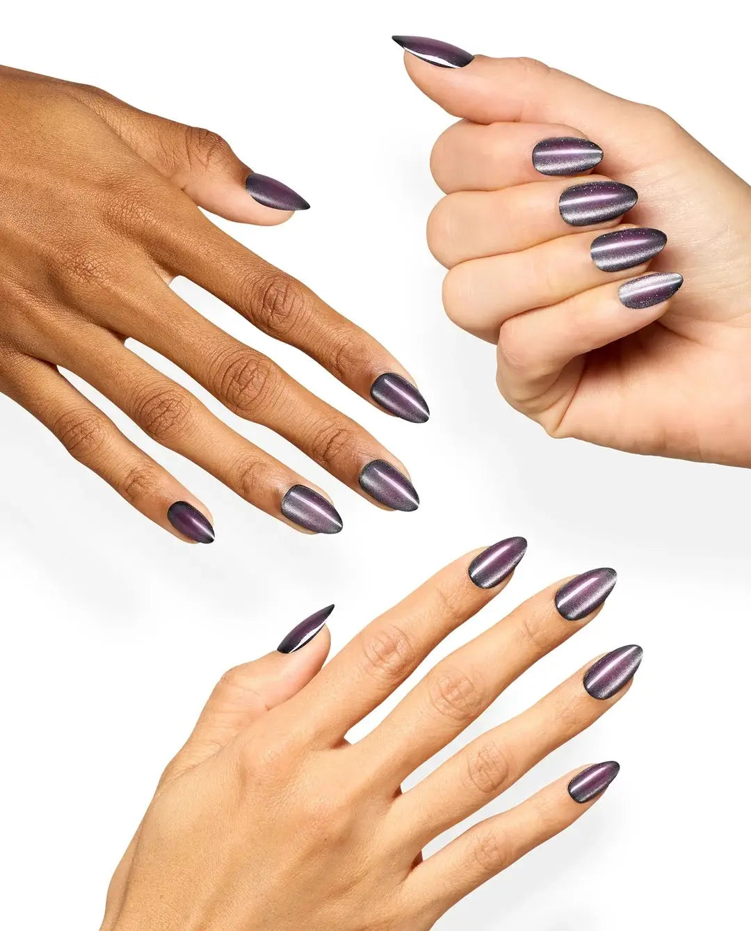 OPI Aura After Dark medium almond press on nails manicure with purple aura design
