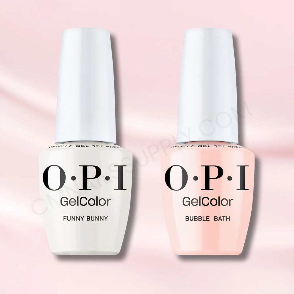 OPI Bubble Bunny gel set featuring Funny Bunny and Bubble Bath creating a milky pink manicure look