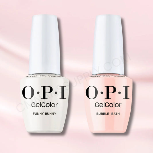 OPI Bubble Bunny gel set featuring Funny Bunny and Bubble Bath creating a milky pink manicure look