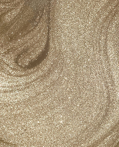 Color swatch of OPI I Mica Be Dreaming F010 shimmery metallic gold gel polish on white background