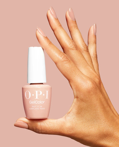 OPI GelColor Put it in Airplane Mode bottle shown alongside Put it in Neutral for shade family comparison.
