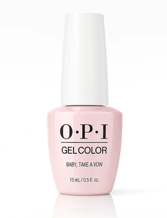 OPI GelColor Baby Take a Vow SH1 white shimmer gel polish bottle on background.
