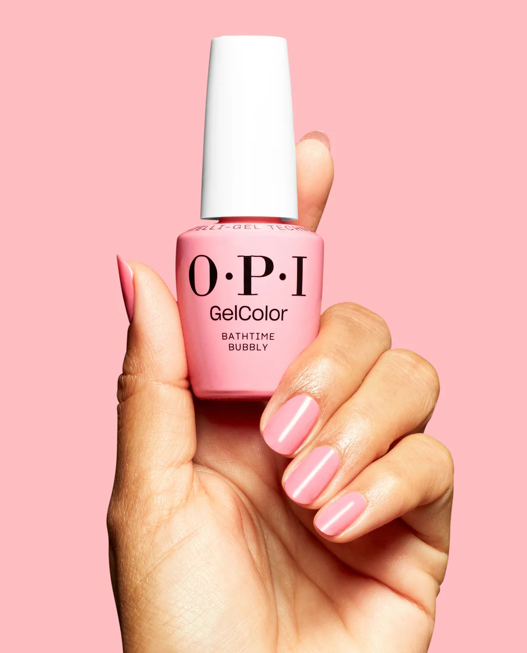 OPI GelColor Bathtime Bubbly S065 bottle displayed alongside Bubble Bath for pink shade family comparison.
