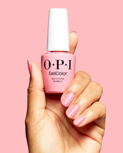 OPI GelColor Bathtime Bubbly S065 bottle displayed alongside Bubble Bath for pink shade family comparison.
