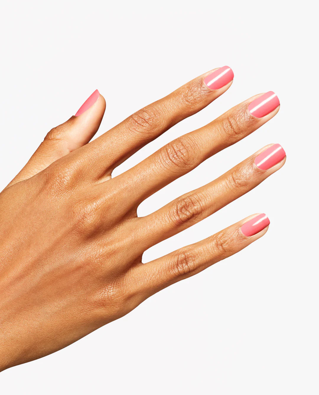 Gel manicure on natural nails displaying OPI GelColor Bathtime Bubbly pink crème glossy finish and even coverage.
