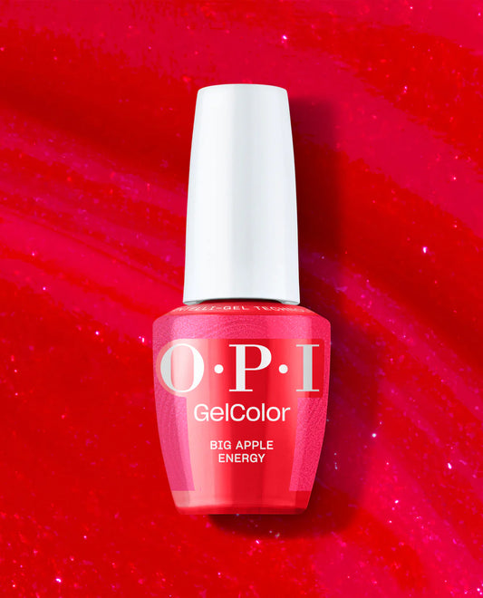 OPI GelColor Big Apple Energy S072 shimmery red gel polish bottle with professional black cap and salon packaging.
