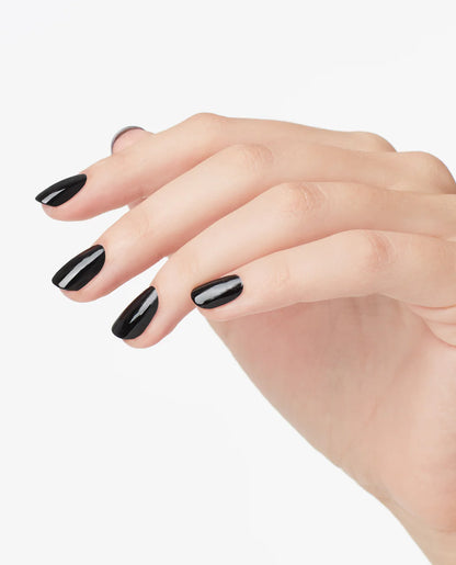 Close up of fingernails painted with OPI GelColor black gel polish showing a bold glossy finish