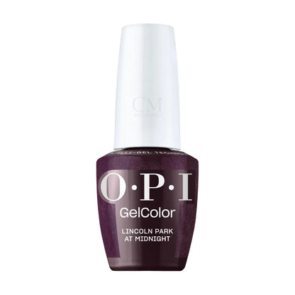 Swatch of OPI Lincoln Park at Midnight purple shimmer gel polish on nails Canada