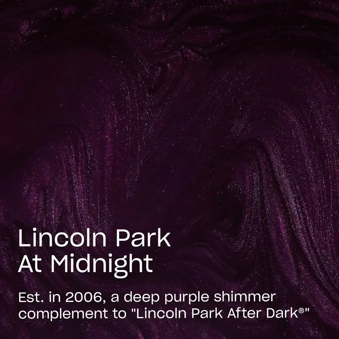 A close-up color swatch of a deep purple shimmer nail polish or paint texture with white text reading 'Lincoln Park At Midnight' and a smaller descriptive line below.