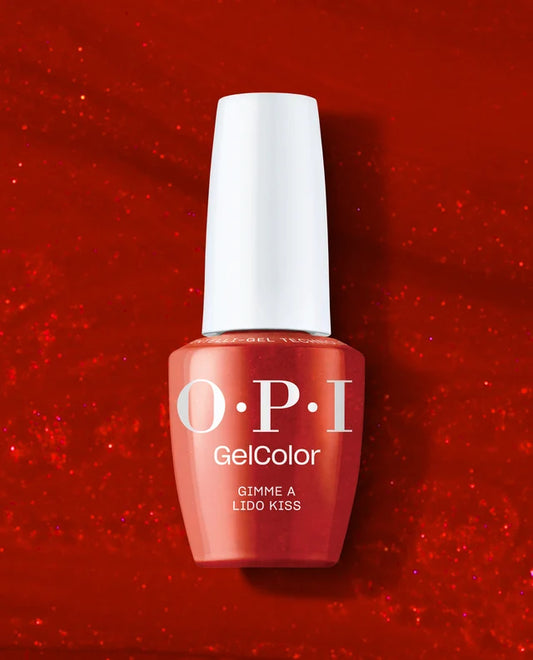 OPI GelColor Gimme a Lido Kiss V30 red shimmer gel nail polish bottle front view