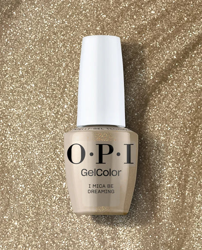 OPI GelColor I Mica Be Dreaming F010 metallic gold gel nail polish bottle front view