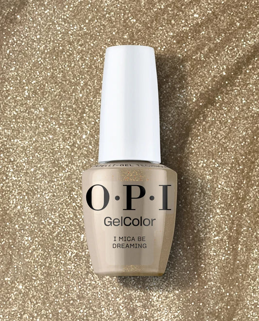 OPI GelColor I Mica Be Dreaming F010 metallic gold gel nail polish bottle front view