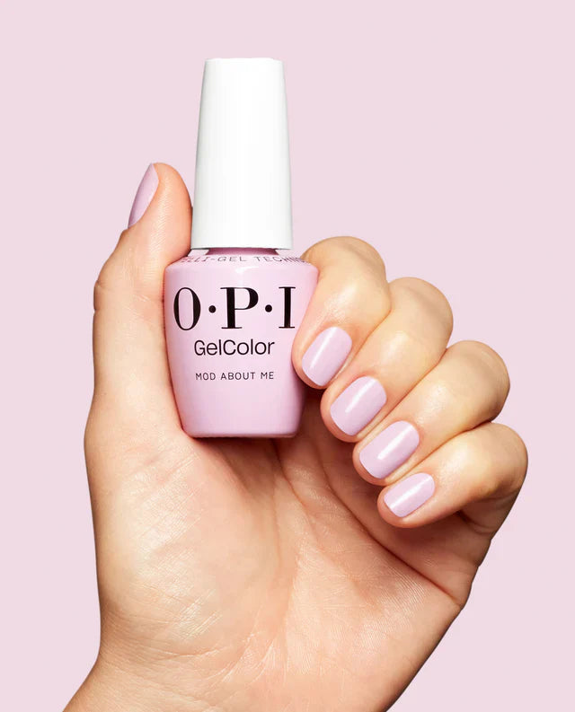 Gel manicure on natural nails displaying OPI GelColor Mod About Me lavender crème glossy finish and full coverage.
