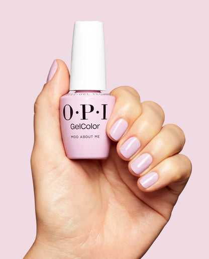 Gel manicure on natural nails displaying OPI GelColor Mod About Me lavender crème glossy finish and full coverage.
