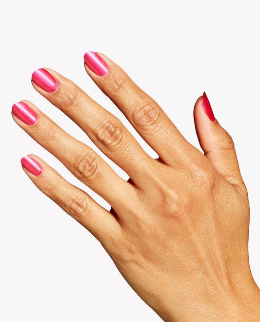 Gel manicure on natural nails displaying OPI GelColor Pompeii Pink hot pink shimmer glossy finish and bold coverage.
