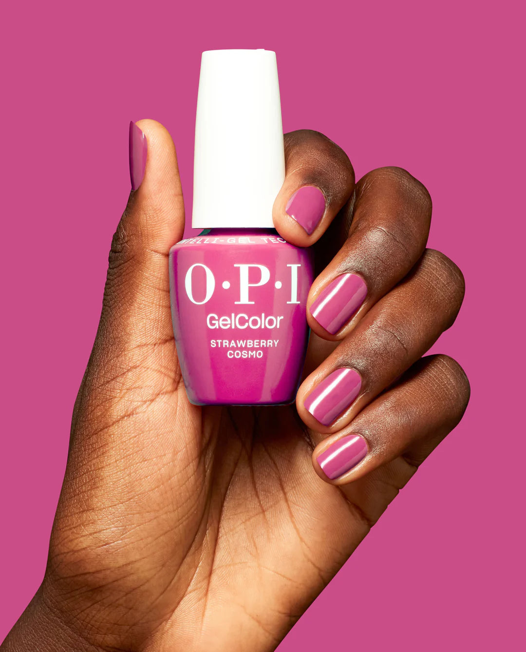 Upscale fuchsia crème swatch stick showing OPI GelColor Strawberry Cosmo GC S070 gel polish finish and tone.
