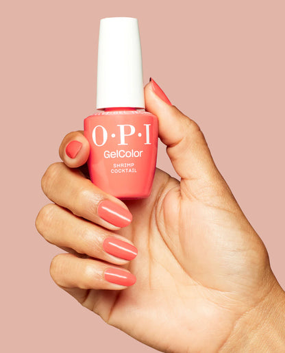 OPI GelColor Shrimp Cocktail S068 bottle displayed alongside Cajun Shrimp for orange shade family comparison.
