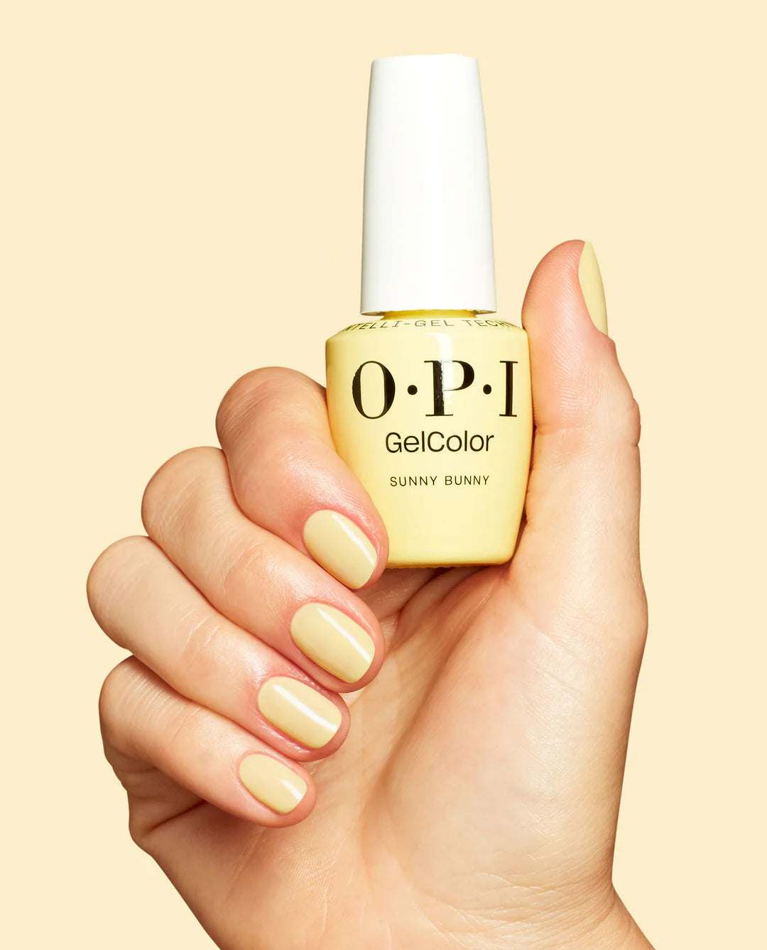 OPI GelColor Sunny Bunny S069 bottle displayed alongside Funny Bunny for warm shade family comparison.
