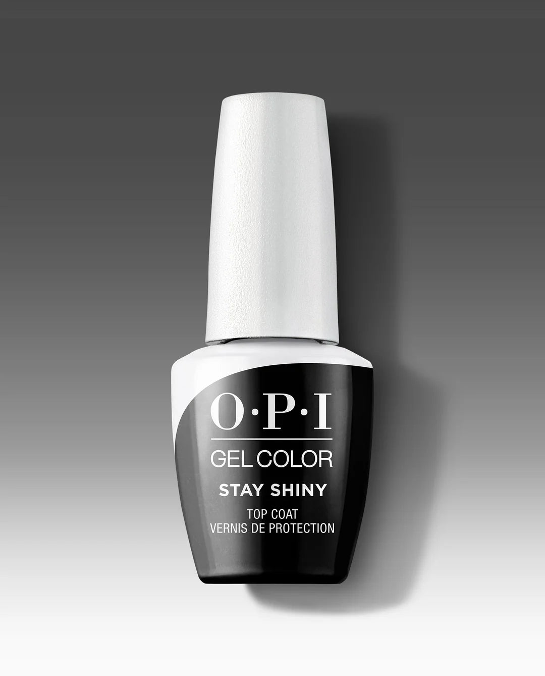 OPI GelColor Top Coat Stay Shiny GC003 professional gel sealer bottle on background.