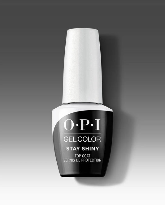 OPI GelColor Top Coat Stay Shiny GC003 professional gel sealer bottle on background.