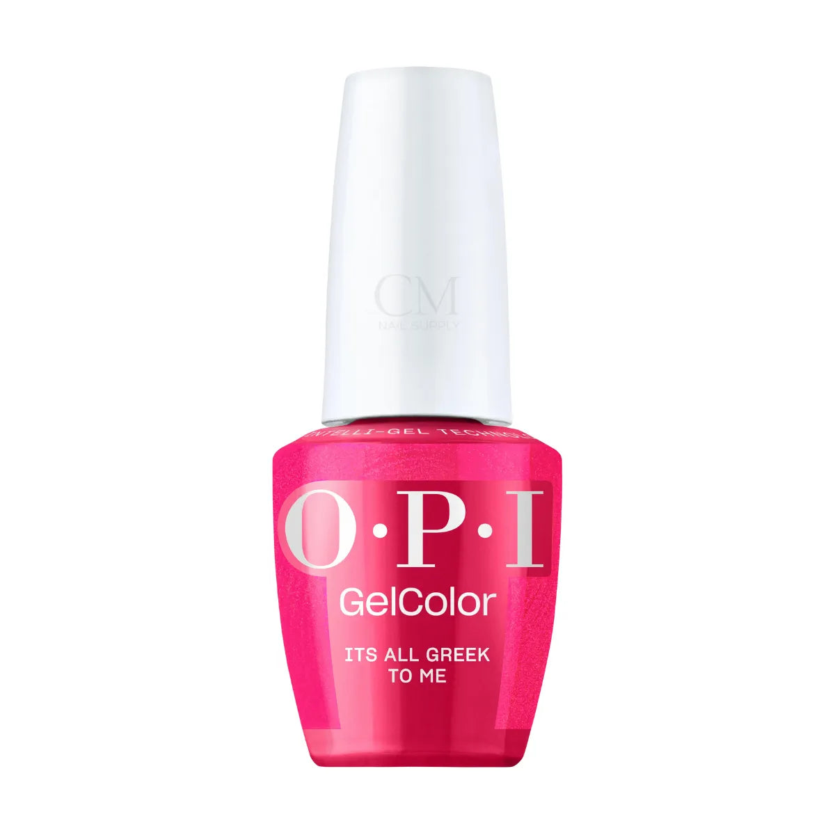 OPI GelColor nail polish in the shade 'Its All Greek to Me', featuring a bright pink bottle with a white cap on a plain white background.