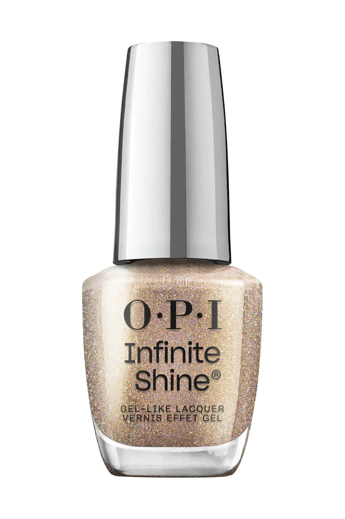 OPI Infinite Shine gel nail polish in a shimmering champagne gold color, shown in a clear bottle with a reflective silver cap on a white background.