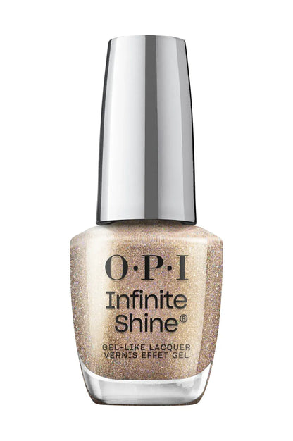 OPI Infinite Shine gel nail polish in a shimmering champagne gold color, shown in a clear bottle with a reflective silver cap on a white background.