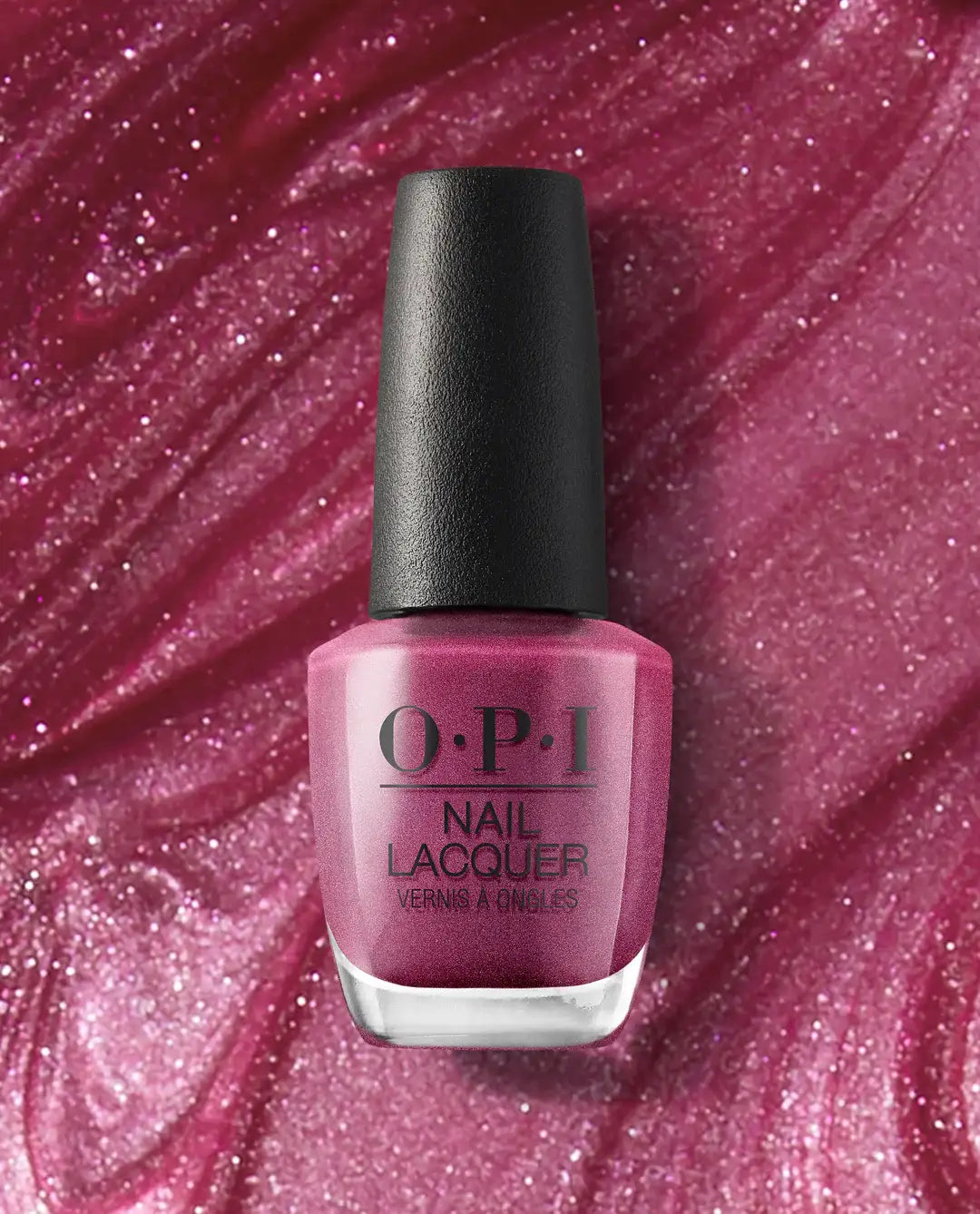 OPI Nail Lacquer A-Rose at Dawn Broke by Noon V11 bottle with bright pink shimmer polish and black cap.