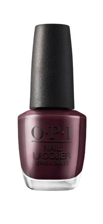 OPI Nail Lacquer Complimentary Wine MI12 rich burgundy nail polish bottle with professional ProWide brush and black cap.