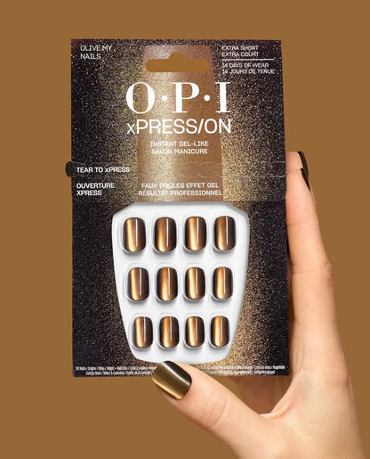 OPI Olive My Nails extra short square green chrome press-on nail manicure