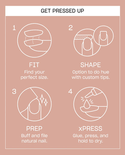 Step-by-step guide for a nail pressing process on a pink background
