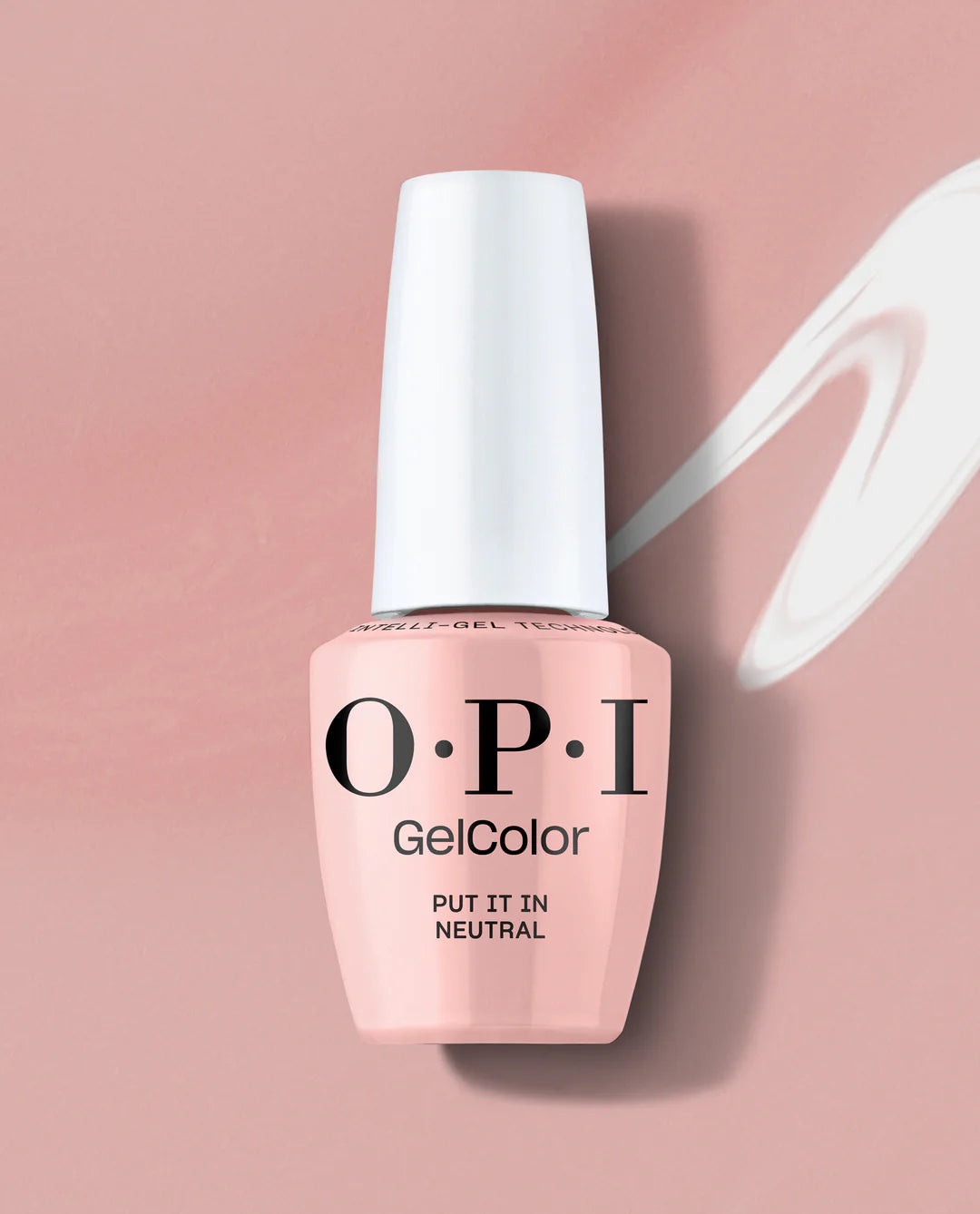 OPI GelColor Put It In Neutral T65 neutral beige gel nail polish on a pink background