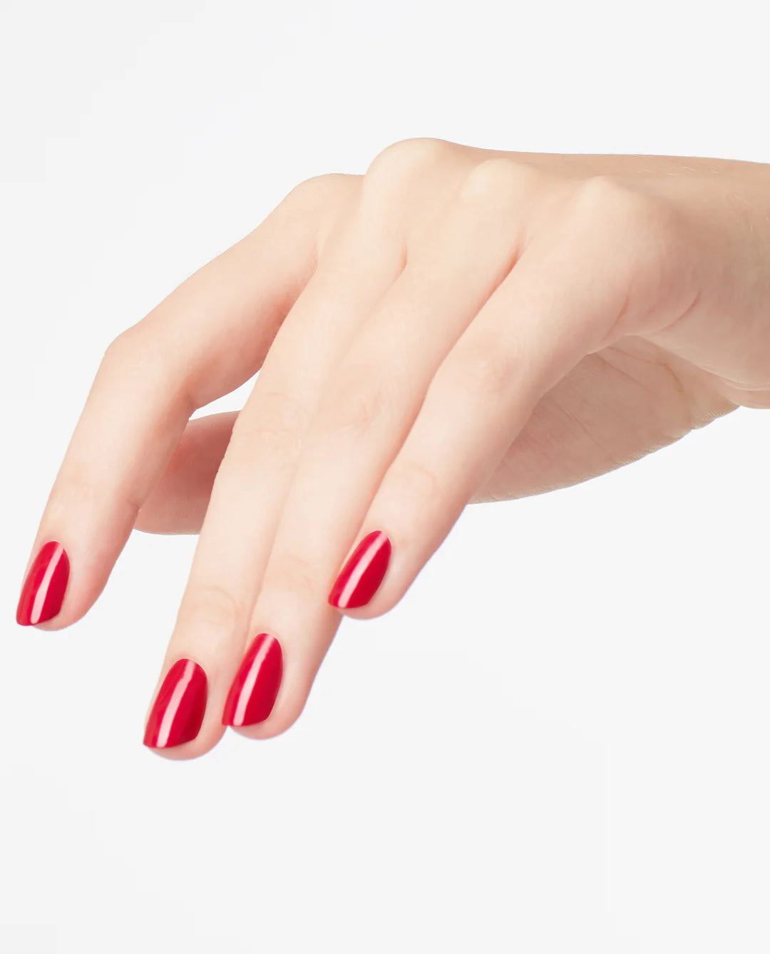 Hand with OPI red L72 nail polish on a white background