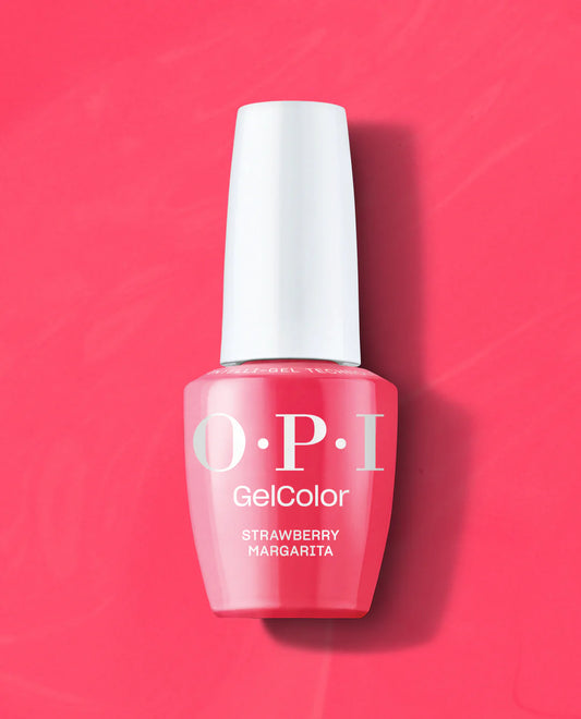 A bottle of OPI Strawberry Margarita gel polish, a bright and vibrant pink shade perfect for a professional gel manicure.