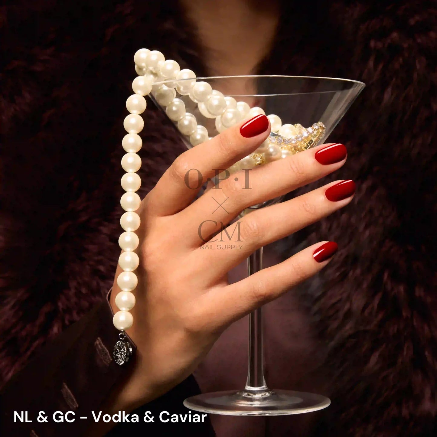 Swatch of OPI Vodka and Caviar red creme gel polish on nails wholesale nail supply Canada