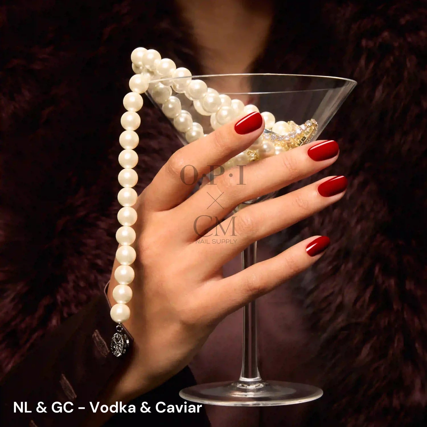 Swatch of OPI Vodka and Caviar red creme gel polish on nails wholesale nail supply Canada